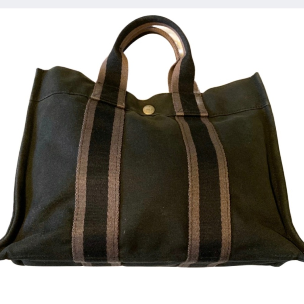 Auth Hermès Canvas Tote Black and Grey